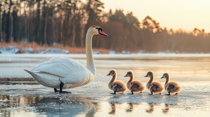 Majestic swan and cygnets on frozen lake at sunset