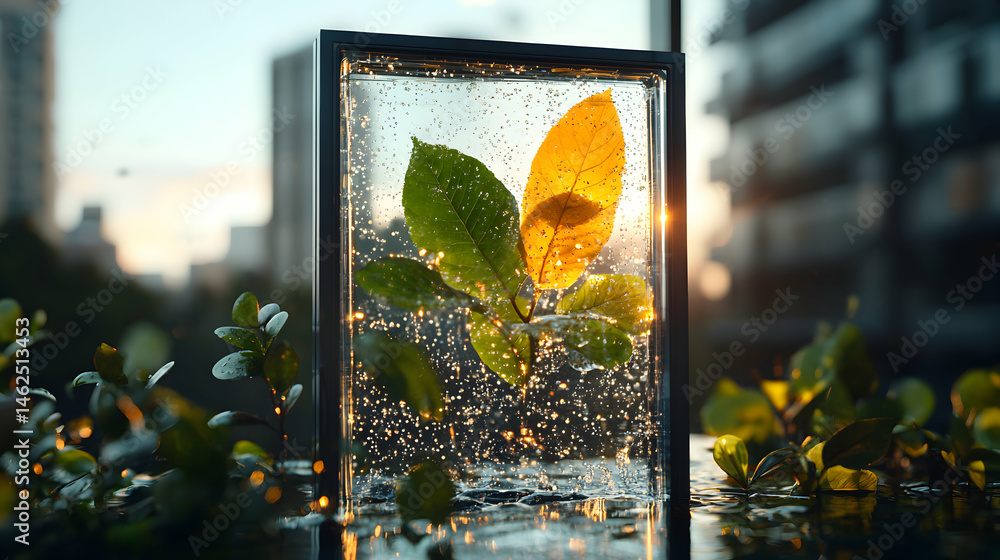 Poster a creative image showcasing leaves encased in a transparent block. ideal for design projects or insp