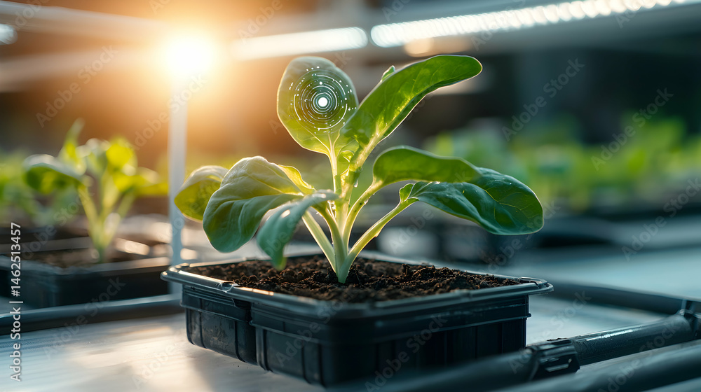 Poster indoor plant with a digital overlay showing data analysis under artificial light in a controlled env