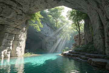 Sunlit Cave Entrance with Teal Water Pool