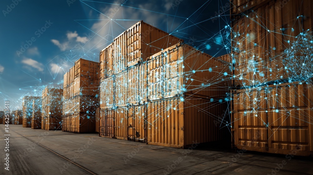 Poster interconnected shipping containers network for global logistic distribution
