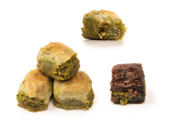 Turkish pistachio baklava isolated on white background.