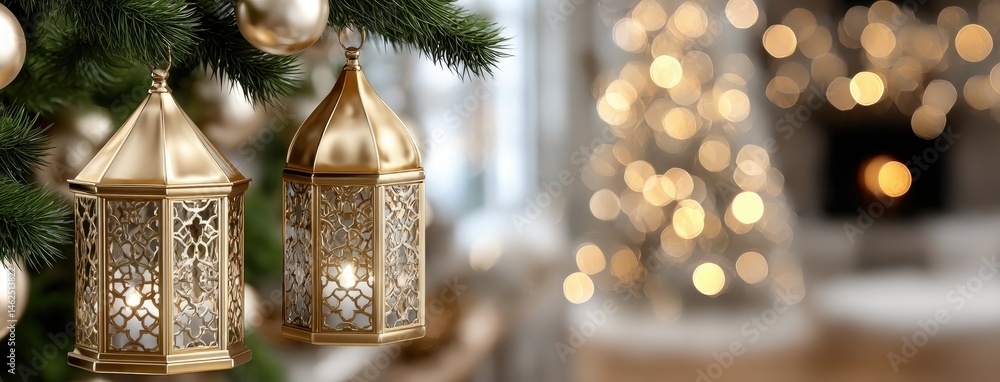 Poster traditional christmas lanterns adorned with elegant patterns and shimmering lights hang beautifully 