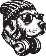 Cool Dog with Headphones, Sunglasses, and Beanie - Black and White Hipster Animal Illustration