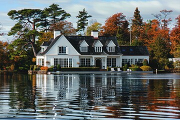 Obraz premium Elegant waterfront house surrounded by autumn foliage and calm water.