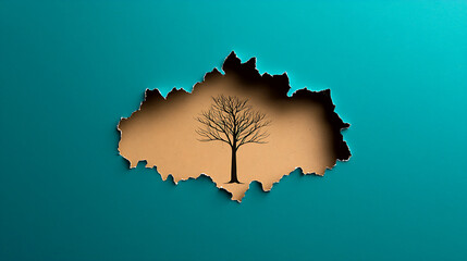 Torn Paper with Tree Silhouette on Teal Background