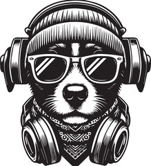 Cool Dog with Headphones, Sunglasses, and Beanie - Black and White Hipster Animal Illustration