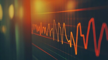 Close-up view of a monitor displaying an intense data visualization. Fluctuating orange line captures dynamic changes, creating a dramatic atmosphere in an office setting at nighttime.