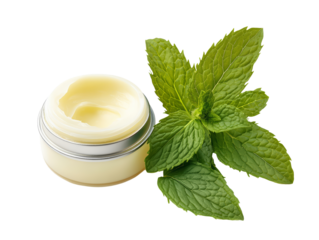 Refreshing mint cream in a clear jar with fresh mint leaves perfect for skincare, natural balm, herbal salve, or soothing organic cosmetic product visuals.