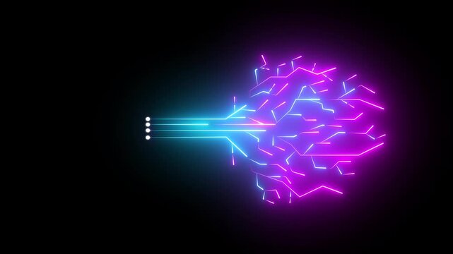Futuristic AI Brain Circuit Tree &ndash; Glowing Neon Data Flow on Circuit Board Background (PNG Alpha, Loop Ready)