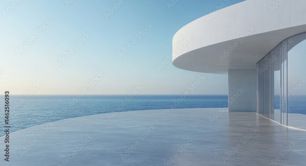 Poster a modern white render with smooth curves is complemented by a concrete floor and set beneath a blue 
