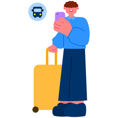 Happy traveler man with smartphone and suitcase at bus stop, public transport and travel concept vector illustration