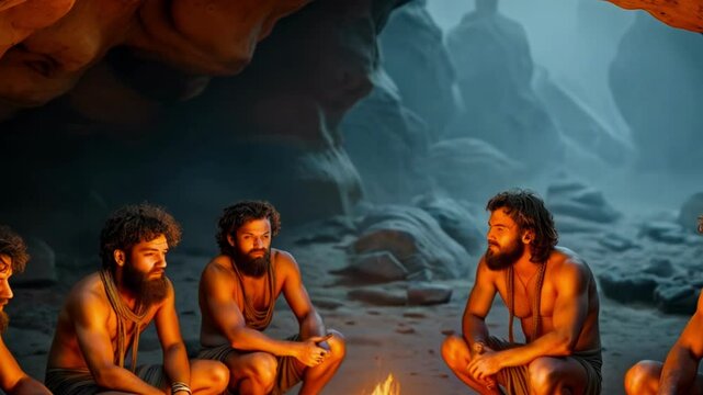 Primitive men gather around a fire inside a cave, engaging in discussion or storytelling. An evocative scene capturing ancient life, survival, and early human community