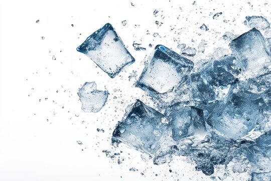 Shattered ice cubes in mid-air, water droplets explode around, creating a cool, refreshing visual effect