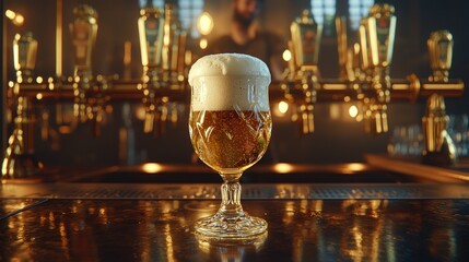 Frothy beer in a glass at a bar