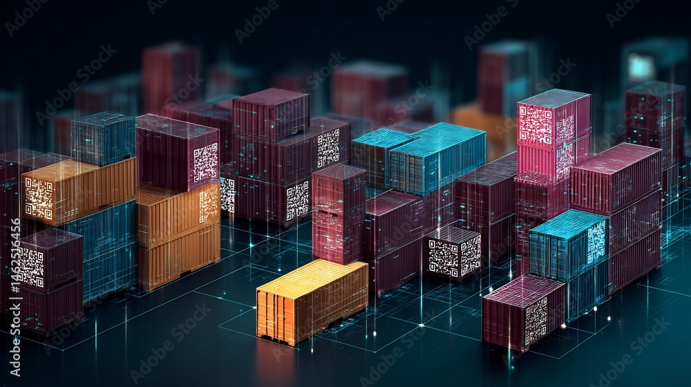 Poster conceptual visualization of networked shipping containers with integrated technology