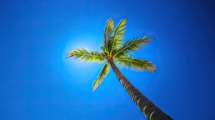 Tall Palm Tree with Green Leaves against Deep Blue Sky on Sunny Day, Tropical Vacation and Relaxation Concept, Bottom View