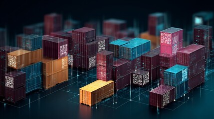 Obraz premium Conceptual visualization of networked shipping containers with integrated technology