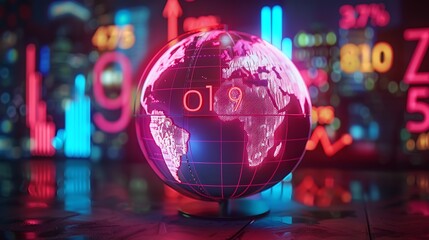 Fototapeta premium Neon Globe Against Blurred Financial Data Visualization In Futuristic Cityscape Background