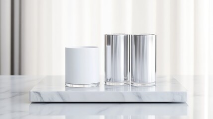 Cylindrical Containers Marble Tray Minimalist Style Bright Studio Lighting Center Frontal View Clean Lines Display Static Arrangement White Silver Decor Product Photography