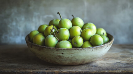 A rustic-themed bowl full of ripe green greengages, illustrating a summer fruit collection