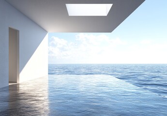 An open sky view and a bright sunny day serve as the perfect complement to the abstract design found in modern minimalist interior architecture