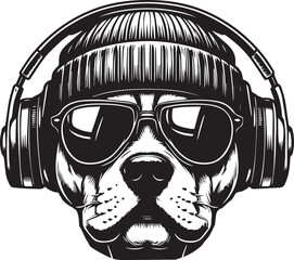 Cool Dog with Headphones, Sunglasses, and Beanie - Black and White Hipster Animal Illustration