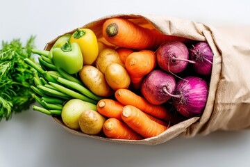 Vibrant display of various vegetables including carrots, potatoes, green beans, bell peppers, beets, and red onions. This assortment conveys health and freshness in a studio setting.