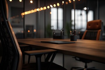 Modern workspace, dark wood desk, minimalist chairs, warm lighting.  Interior view of a contemporary office space featuring a dark wooden desk with a tablet and stationery