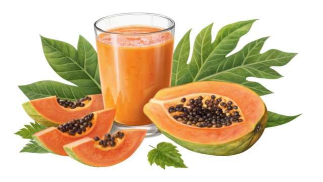 Refreshing Papaya Smoothie Glass with Slices and Leaves Isolated on Transparent Background, papaya juice, tropical drink, papaya, smoothie, illustration