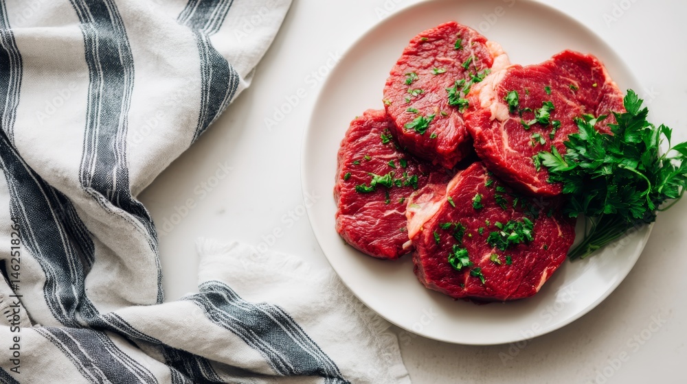 Poster a selection of raw beef steaks topped with finely chopped green herbs rests on a plate, illuminated 