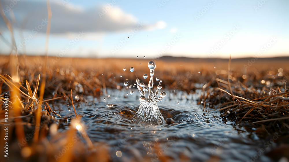 Poster a stunning macro shot captures water droplets splashing into a pool. the scene evokes tranquility an