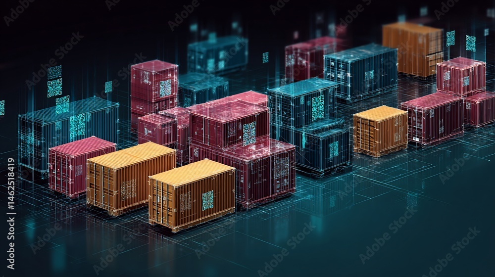 Poster digitized shipping containers networked with futuristic technology and qr codes