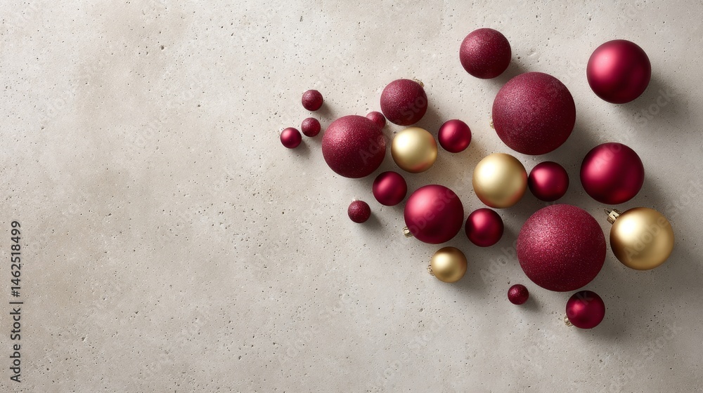 Aufkleber red and metallic gold holiday baubles scatter across a neutral surface, reflecting softly in the lig