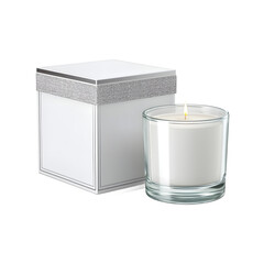 A lit white scented candle in a clear glass jar sits beside a square white gift box with silver accents creating a calming and elegant ambiance for relaxation.