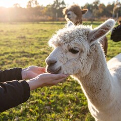 Obraz premium Hands Feeding Alpacas in Highland Pasture at Sunset
