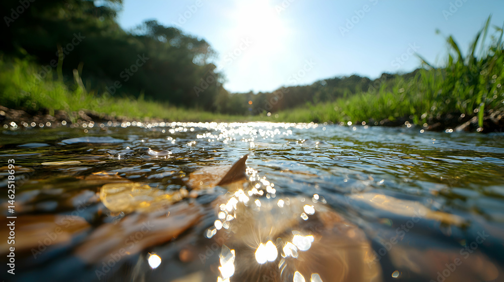 Poster a close-up view of water flowing through a stream. the sun's light glistens on the water surface cre