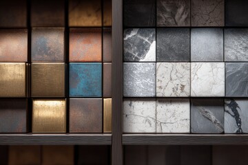 A collection of beautifully crafted textured blocks showcased on shelves, highlighting different materials and colors in a design space Generative AI