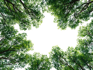 illustration of trees viewed from below, typespace border asset, vibrant green leaves transparent background