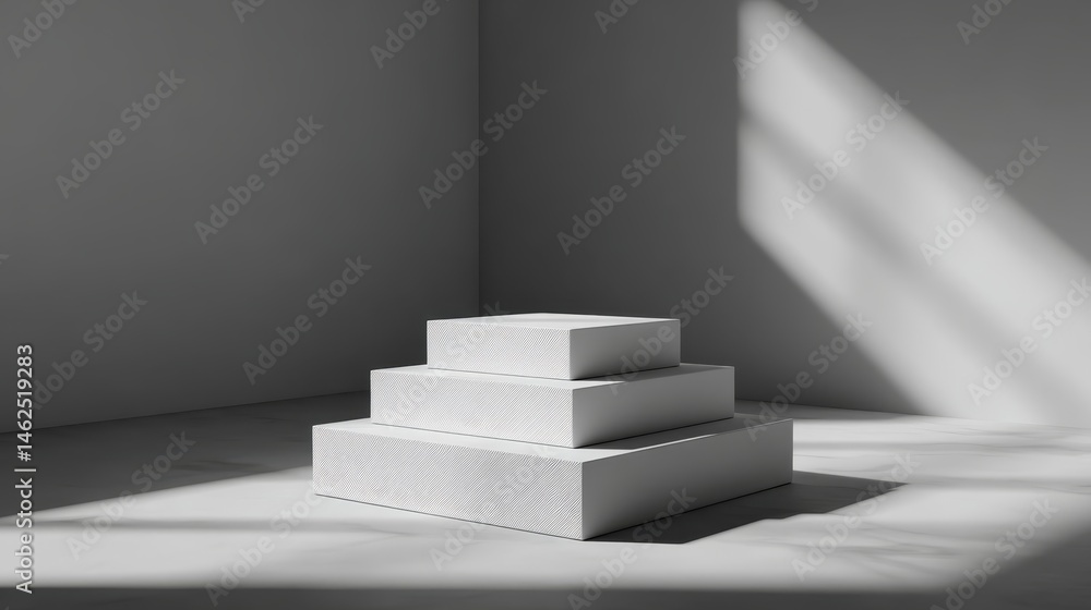 Fototapete This composition features a sleek white podium with tiered shelves, isolated in a minimalist space, providing a stylish backdrop for retail display and product placement