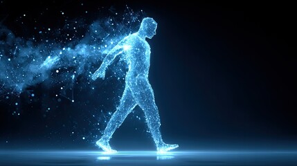 Naklejka premium A digital silhouette of a walking figure made of glowing particles, symbolizing technology and innovation.