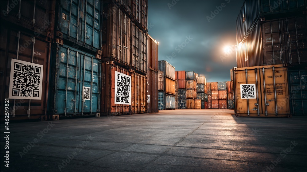 Poster global logistics network visualization with stacked shipping containers and qr codes