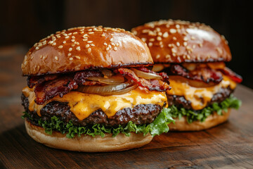 cheeseburgers featuring bacon and cheese, placed on a wooden table.