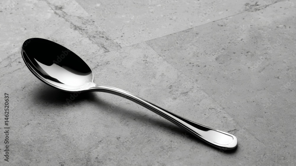 Aufkleber highly polished silver spoon is arranged diagonally on a grey stone-like surface, capturing reflecti
