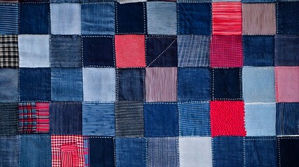 A patchwork quilt design created from various shades of denim and fabric.