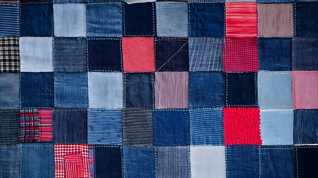 A patchwork quilt design created from various shades of denim and fabric.