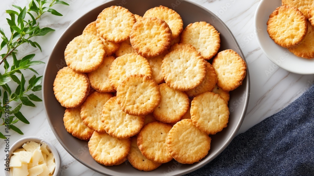 Poster close-up view of neatly arranged golden crackers on a white plate, illuminated by natural sunlight i