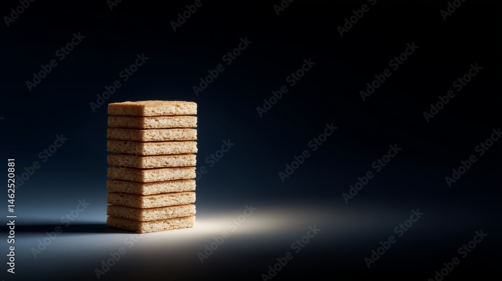 Poster Golden crackers arranged in a precise column display their rich texture and salt crystals against a dark matte background, with space on the left for additional text