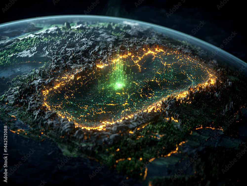 Poster abstract depiction of earth at night with glowing lights. great for concept art science fiction visu
