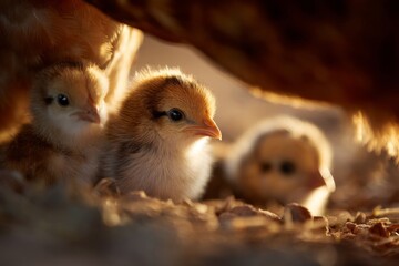 Obraz premium Three fluffy chicks relax under their mother's wing, basking in the golden glow of morning light on a serene farm Generative AI